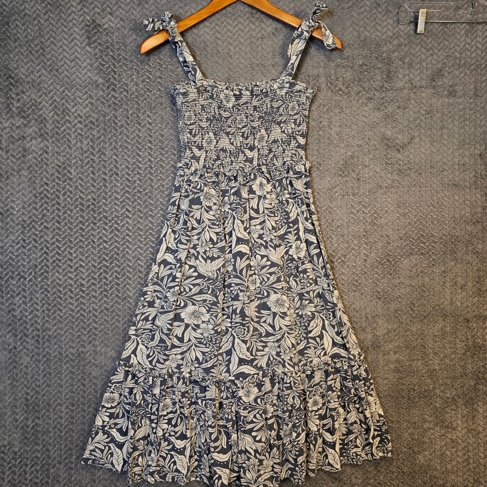 Patrons of Peace Blue White Floral Smocked Tie Strap Midi‎ Dress J2020F58 Medium